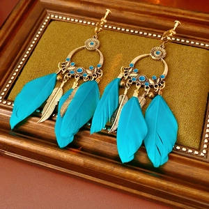 Détail macro de boucles d'oreilles à clips bohèmes avec plumes turquoise et métal doré
