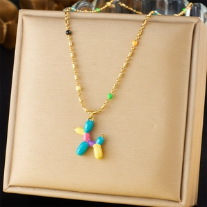 Balloon Dog Pendant Necklace Stainless Steel Colorful Beads Gold Plated Cartoon Cute Jewelry Gift For Women Girls