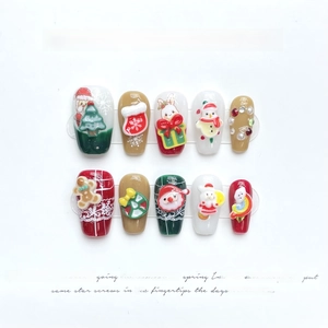 Press On Nails de Noël Fait à la Main Père Noël Relief 3D Strass Perle Artificielle Décoré Design Ciel Étoilé Luxe Automne Hiver Vacances Festif Faux Ongles Femmes