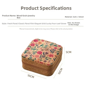 Detail view of floral cork jewelry box showing 10x10x5cm dimensions and zipper closure