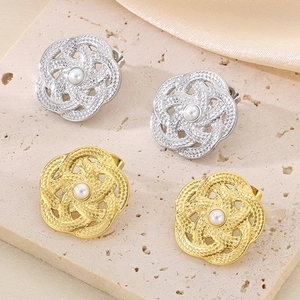 Boucles d'oreilles fleurs tissées creuses avec perle en acier inoxydable or et argent