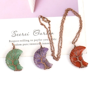 Handmade crescent moon natural stone tree of life wire wrapped pendant necklace set