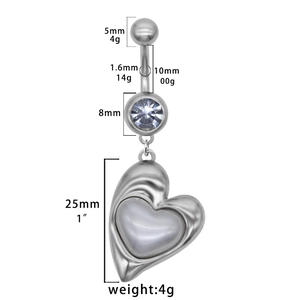 Macro detail of silver heart navel ring with clear zircon and faux pearl drop