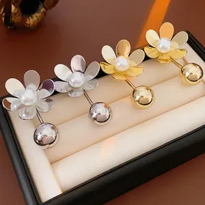 Boucles D'Oreilles Pendantes Fleurs Avec Künstliche Perle D'Imitation Et Boule Métallique Tige En Argent Bijoux De Mode Pour Femmes