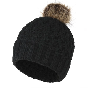 Women's black knit winter beanie with premium brown faux fur pom pom and cable pattern