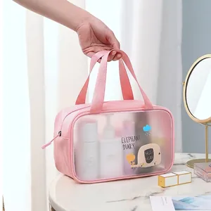 Pink waterproof PVC cartoon cosmetic bag with elephant print and dual handles