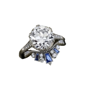 Vintage style double layer engagement ring set with round white and blue sapphire zircons