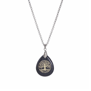 Macro detail of blue sandstone teardrop pendant with golden tree of life engraving