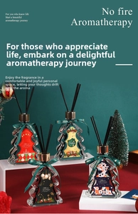 Detailed view of Christmas tree aroma diffusers with holiday ribbons and fiber sticks