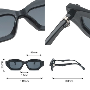 Retro polygon cat eye sunglasses with dimensions and detailed hinge and frame view