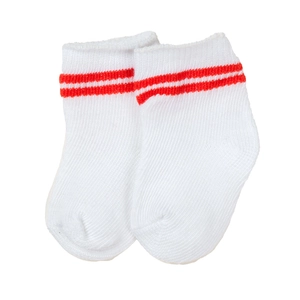 Detailed view of 18 inch white doll socks with red stripes on a plain background