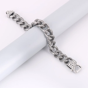 Punk vintage silver braided chain bracelet in titanium steel with wheat leaf clasp design