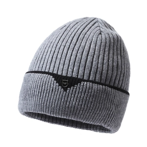 Men's grey winter knit beanie with warm fleece lining and shield metal logo detail
