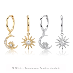925 Sterling Silver Star Moon Sun Asymmetric Hoop Earrings For Women Inlaid Cubic Zirconia Celestial Style Jewelry