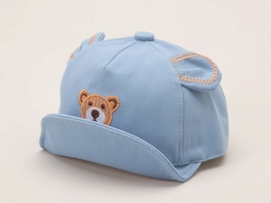 Detail of light blue baby baseball cap with brown bear embroidery and 3D ears decoration