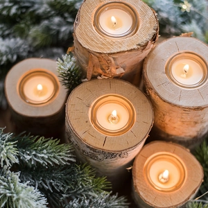Set of five natural birch wood candle holders with glass inserts for festive table decor