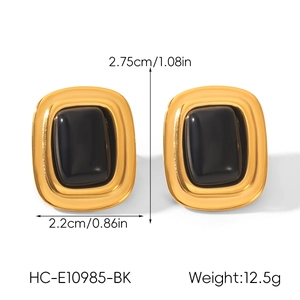 Detail showing dimensions of vintage gold square earrings with black gemstone inlay