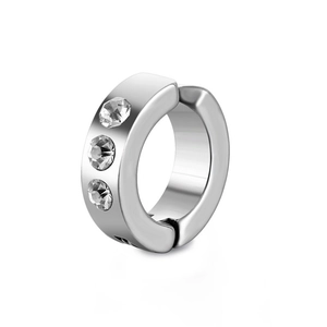 Sleek silver stainless steel ear cuff for men featuring three round cubic zirconia stones