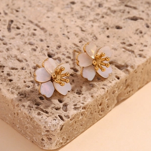 Close-up of 18K gold plated stainless steel cherry blossom earrings with white mother of pearl