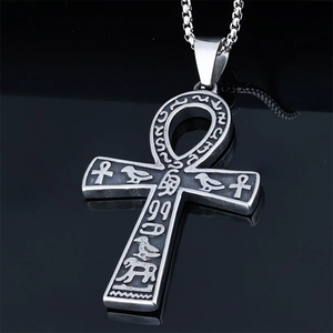 Pendentif croix Ankh égyptienne en acier inoxydable argenté avec gravures hiéroglyphes