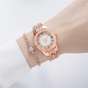 Elegant rose gold watch and heart bracelet set with crystal dial and marble patterns
