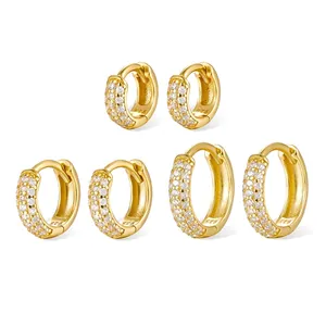 925 Sterling Silver Huggie Hoop Earrings Triple Row Pavé Zirconia Wide Face Round Minimalist Style Jewelry For Women