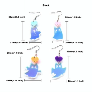 Acrylic iridescent cat and ghost heart earrings with detailed back view and size measurements