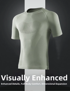 Detail of light green compression shirt showing honeycomb texture and seamless knit fabric