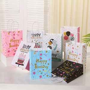 Birthday Gift Bag Kraft Paper Handheld Tote With Handle Cartoon Party Favor Packaging Happy Birthday Print