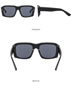Front and back views of black square oversized sunglasses with gold metal dot accents