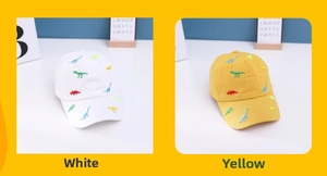 Detail of colorful dinosaur embroidery on white and yellow cotton baseball caps