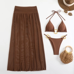 Three-piece coffee bikini set with gold rings and matching sheer mesh maxi skirt