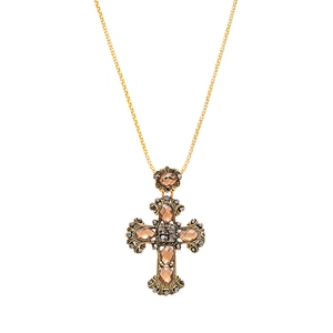 Vintage gold cross pendant necklace with champagne gemstones and grey rhinestones