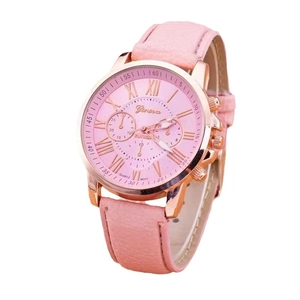 Pink Geneva quartz watch with leather strap and rose gold case on white background