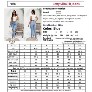 Detailed size chart for high-waisted skinny denim jeans with measurements from XS to 2XL