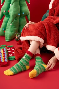 Détail de chaussettes de Noël en polaire corail avec motif bonhomme de neige et texture
