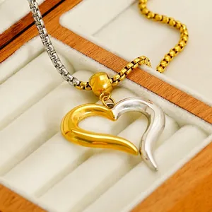 Two-tone 18K gold plated stainless steel heart pendant necklace with box chain