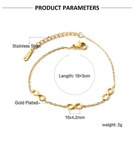 Detail showing 18+3cm gold plated stainless steel infinity symbol chain bracelet
