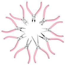 Macro shot of a 10-piece pink jewelry tool set featuring various pliers for DIY crafts