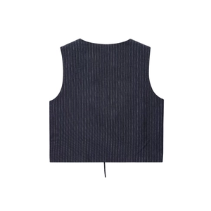 Navy blue pinstripe linen vest back view shown flat against a white background