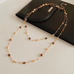 Gold Plated Tiger Eye Stone Layered Necklace Beaded Long Sweater Chain Retro Elegant Jewelry For Women