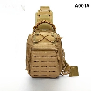 Close-up of tactical nylon chest bag featuring laser-cut MOLLE system in coyote brown