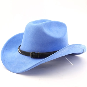 Detail of bright blue suede cowboy hat with black leather belt and vintage buckle