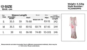 Detailed size chart for pink floral long sleeve dress showing bust, waist, and hip measurements