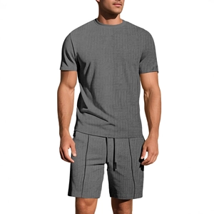 Men's summer casual two-piece set featuring grey jacquard short sleeve t-shirt and shorts