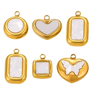 18K gold plated heart and geometric pendants with white shell inlay for DIY jewelry