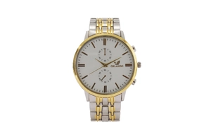 Close-up of dual-tone gold and silver quartz watch with white dial and brand logo