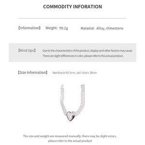 Detail showing dimensions and specifications of heart pendant layered chain with rhinestones