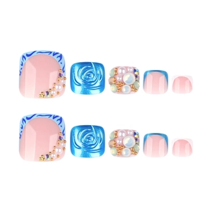 Short square press-on toenails featuring 3D blue roses, pearls, and golden studs