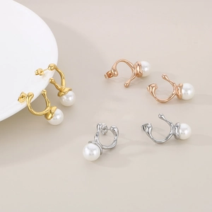 Irregular geometric metal pearl earrings in gold, silver, and rose gold finish
